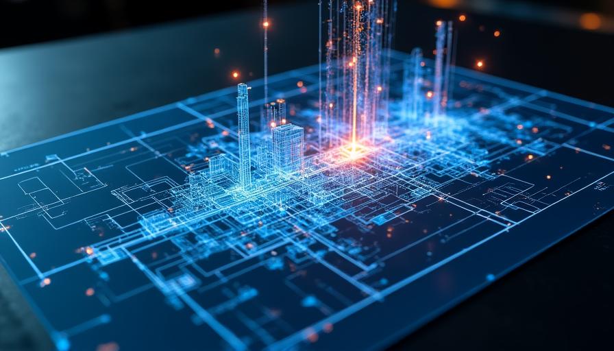 Abstract architectural blueprint overlaid with neural network nodes