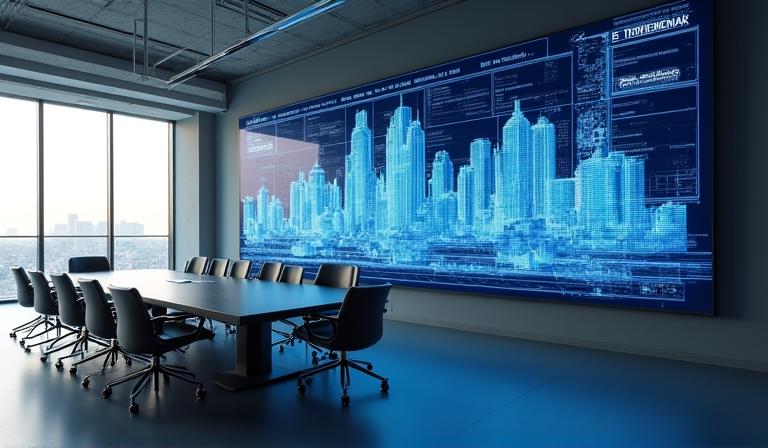 Large screen showing complex architectural data visualization in a modern boardroom