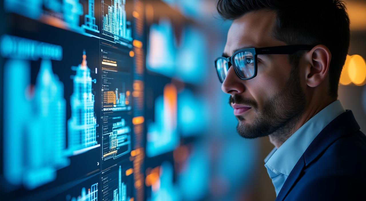 Modern architect analyzing complex holographic data dashboards in a high-tech studio